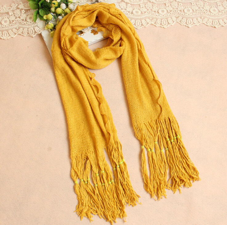 Cheapest Fringed Scarves Wraps Women Winter Warm Wool Solid 185*55CM - Yellow