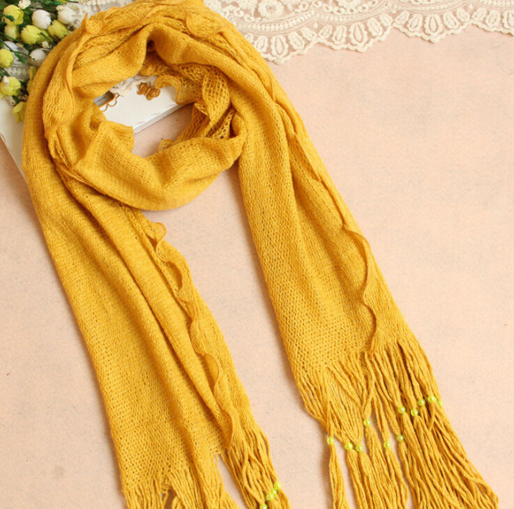 Cheapest Fringed Scarves Wraps Women Winter Warm Wool Solid 185*55CM - Yellow