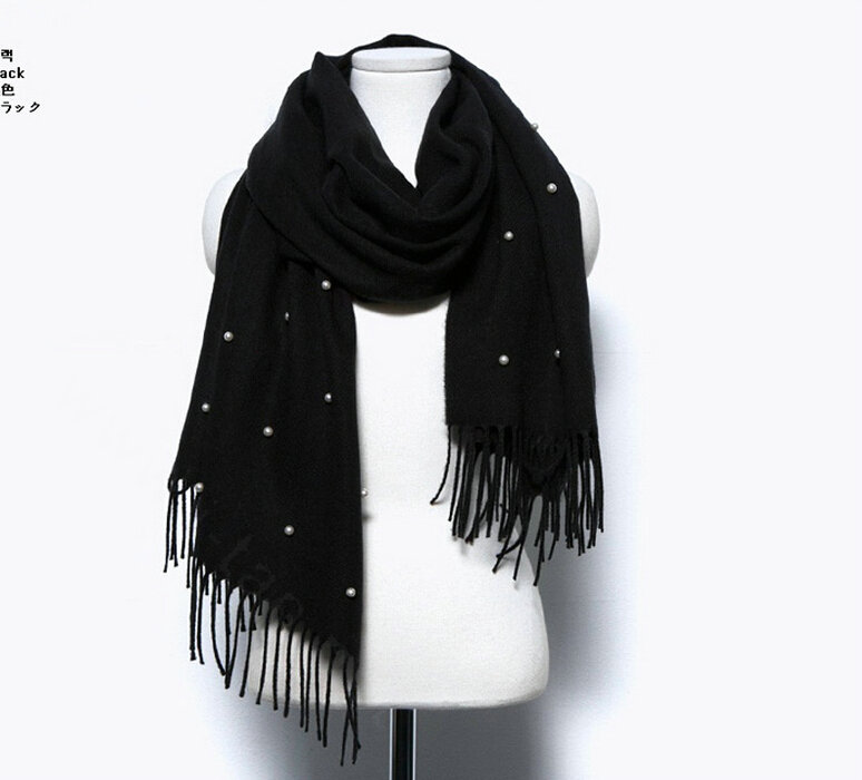 Classic Fringed Beaded Scarf Scarves For Women Winter Warm Cotton Panties 183*66CM - Black