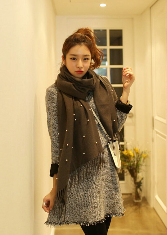 Classic Fringed Beaded Scarf Scarves For Women Winter Warm Cotton Panties 183*66CM - Grey
