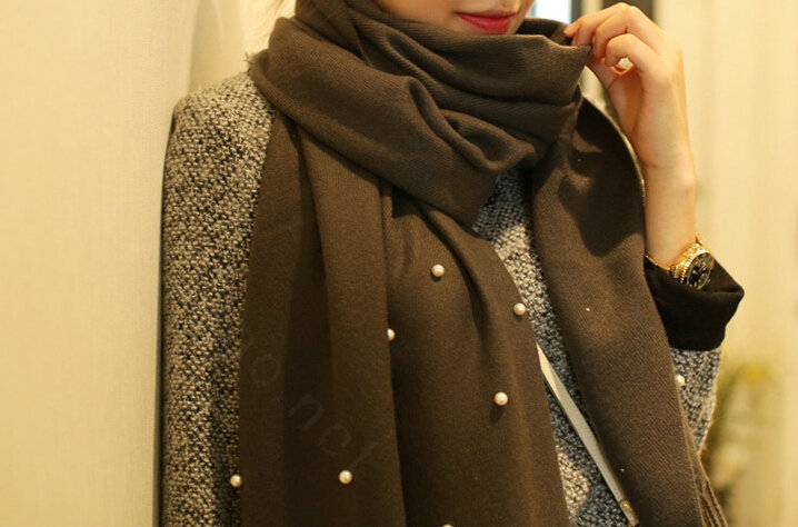 Classic Fringed Beaded Scarf Scarves For Women Winter Warm Cotton Panties 183*66CM - Grey
