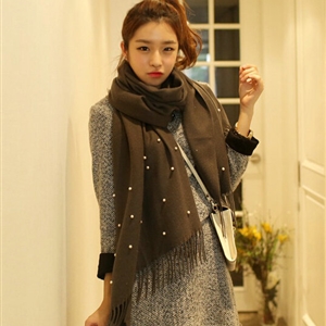 Classic Fringed Beaded Scarf Scarves For Women Winter Warm Cotton Panties 183*66CM - Grey