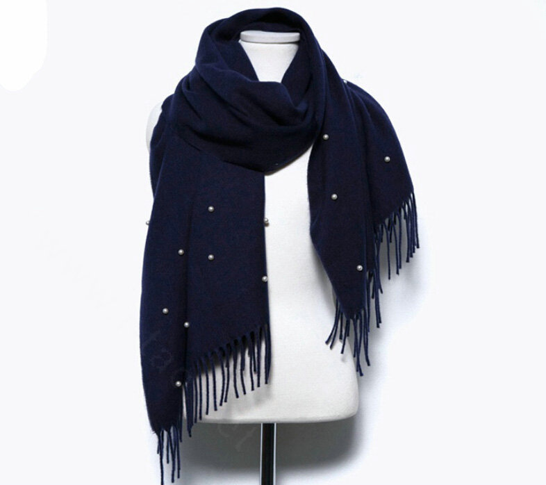 Classic Fringed Beaded Scarf Scarves For Women Winter Warm Cotton Panties 183*66CM - Navy