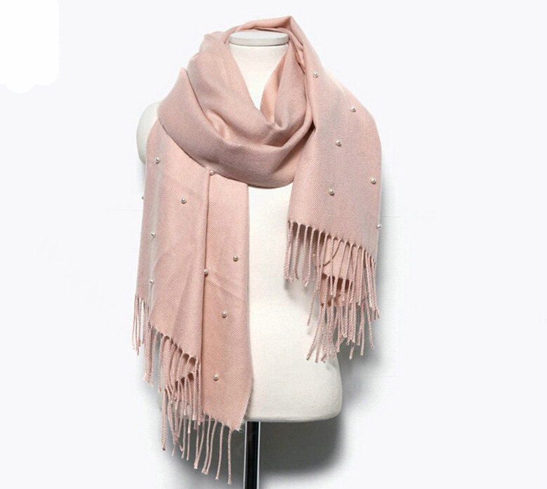 Classic Fringed Beaded Scarf Scarves For Women Winter Warm Cotton Panties 183*66CM - Pink