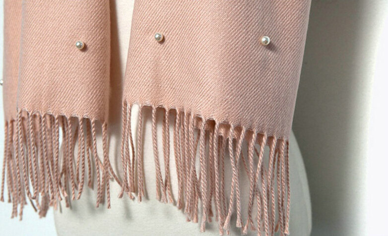 Classic Fringed Beaded Scarf Scarves For Women Winter Warm Cotton Panties 183*66CM - Pink