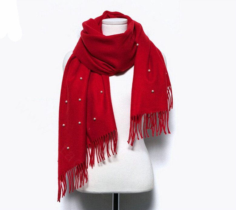 Classic Fringed Beaded Scarf Scarves For Women Winter Warm Cotton Panties 183*66CM - Red