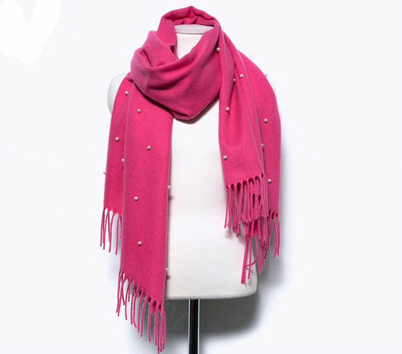 Classic Fringed Beaded Scarf Scarves For Women Winter Warm Cotton Panties 183*66CM - Rose
