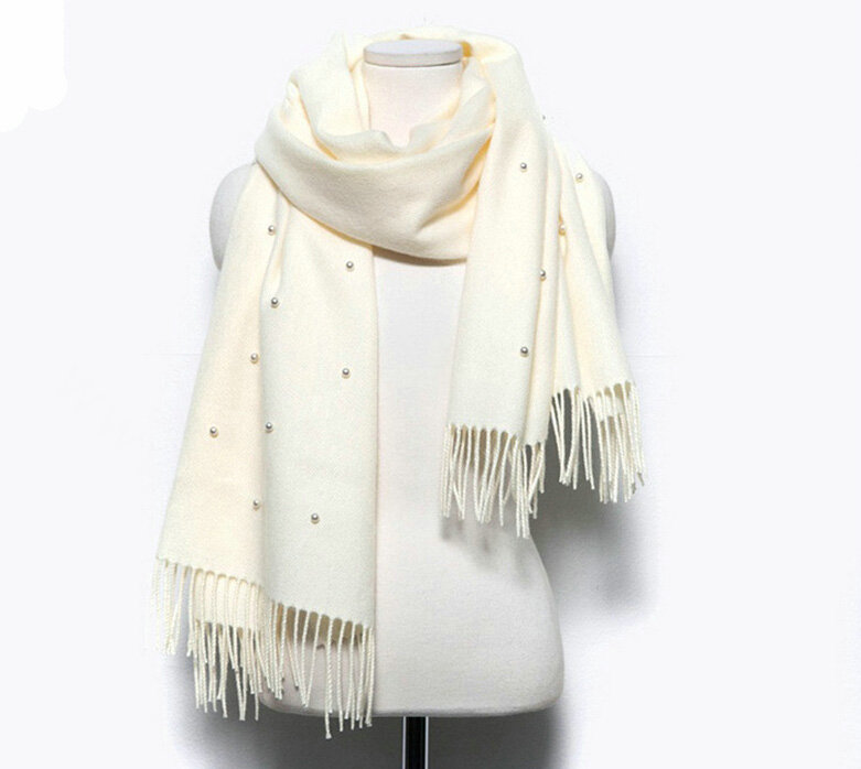 Classic Fringed Beaded Scarf Scarves For Women Winter Warm Cotton Panties 183*66CM - White