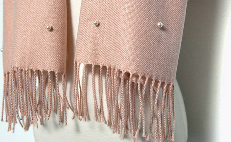 Classic Fringed Beaded Scarf Scarves For Women Winter Warm Cotton Panties 183*66CM - White