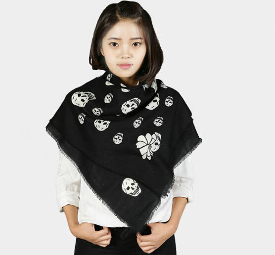 Classic Skull Scarf Shawls Women Winter Warm Wool Panties 100*100CM - Black