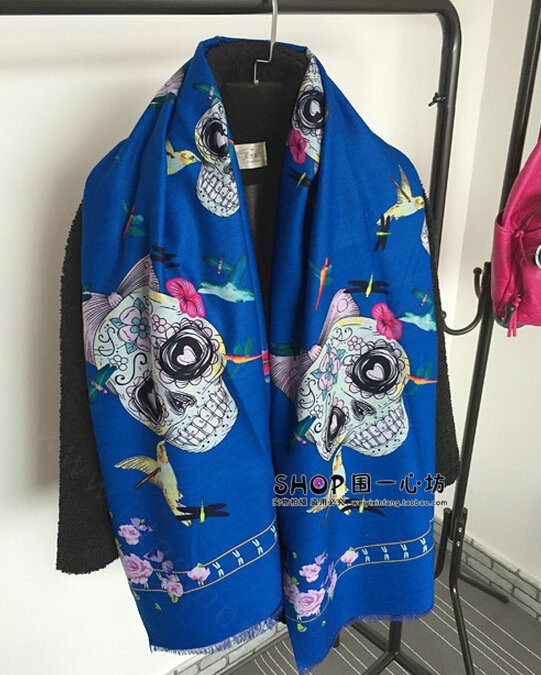 Classic Skull Scarves Wrap Women Winter Warm Cashmere Panties 180*65CM - Blue