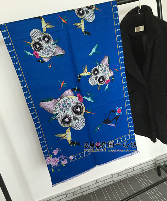 Classic Skull Scarves Wrap Women Winter Warm Cashmere Panties 180*65CM - Blue