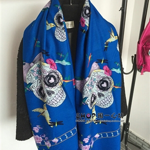 Classic Skull Scarves Wrap Women Winter Warm Cashmere Panties 180*65CM - Blue