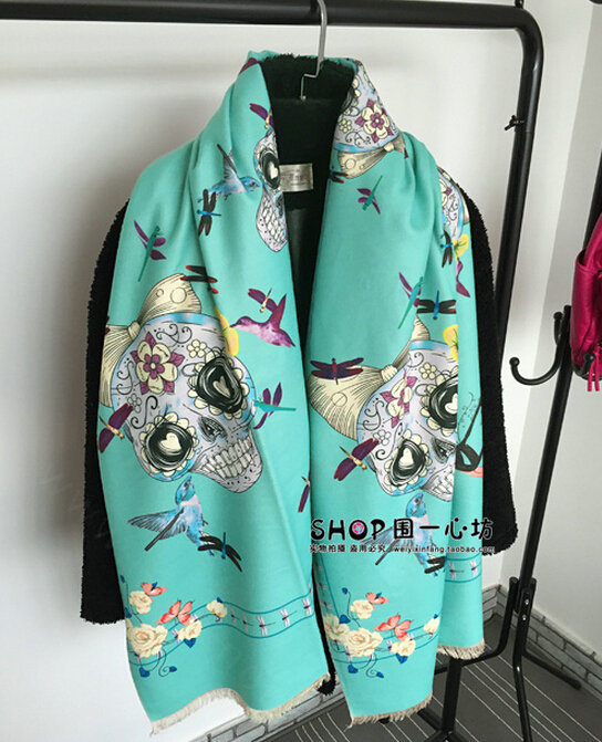Classic Skull Scarves Wrap Women Winter Warm Cashmere Panties 180*65CM - Green