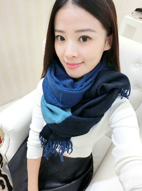 Colorful Fringe Scarves Wrap Women Winter Warm Cashmere Panties 190*70CM - Blue Black