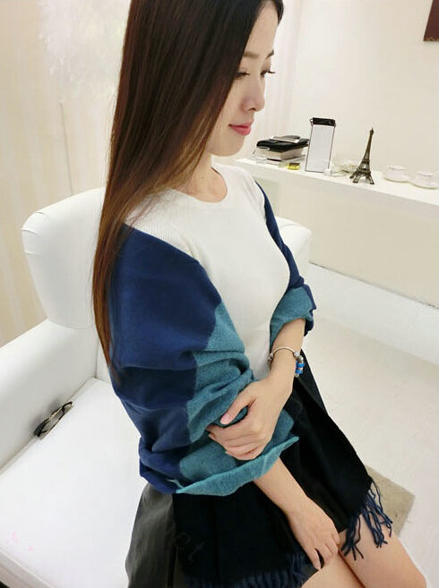Colorful Fringe Scarves Wrap Women Winter Warm Cashmere Panties 190*70CM - Blue Black