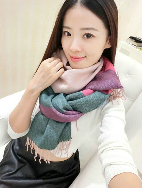 Colorful Fringe Scarves Wrap Women Winter Warm Cashmere Panties 190*70CM - Pink Green