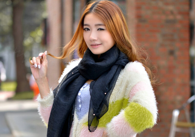 Cool Beaded Women Scarf Shawls Winter Warm Polyester Solid Scarves 180*70CM - Black