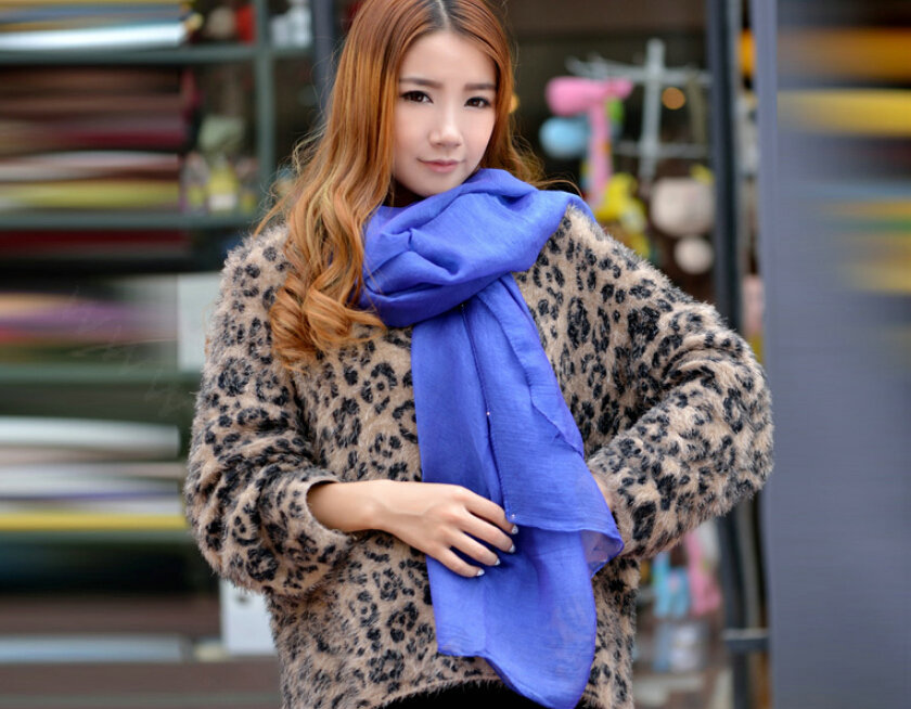 Cool Beaded Women Scarf Shawls Winter Warm Polyester Solid Scarves 180*70CM - Blue