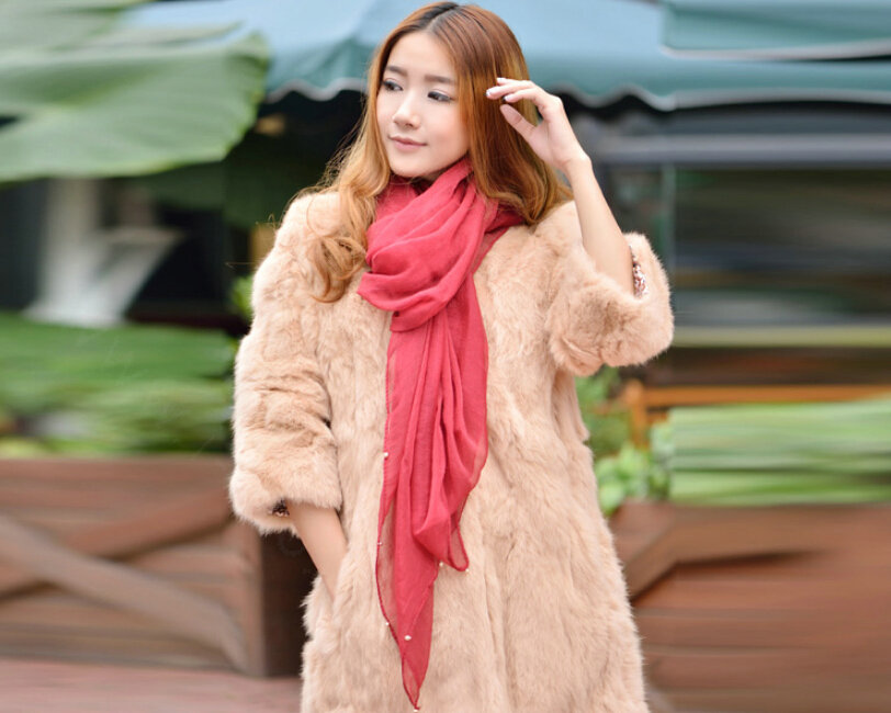 Cool Beaded Women Scarf Shawls Winter Warm Polyester Solid Scarves 180*70CM - Red