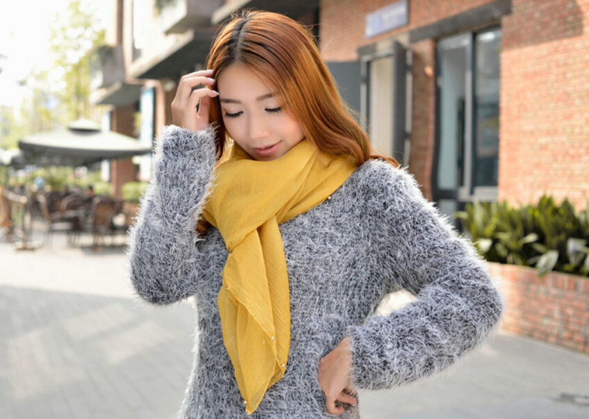 Cool Beaded Women Scarf Shawls Winter Warm Polyester Solid Scarves 180*70CM - Yellow