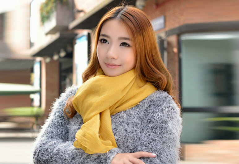 Cool Beaded Women Scarf Shawls Winter Warm Polyester Solid Scarves 180*70CM - Yellow