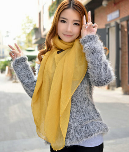 Cool Beaded Women Scarf Shawls Winter Warm Polyester Solid Scarves 180*70CM - Yellow