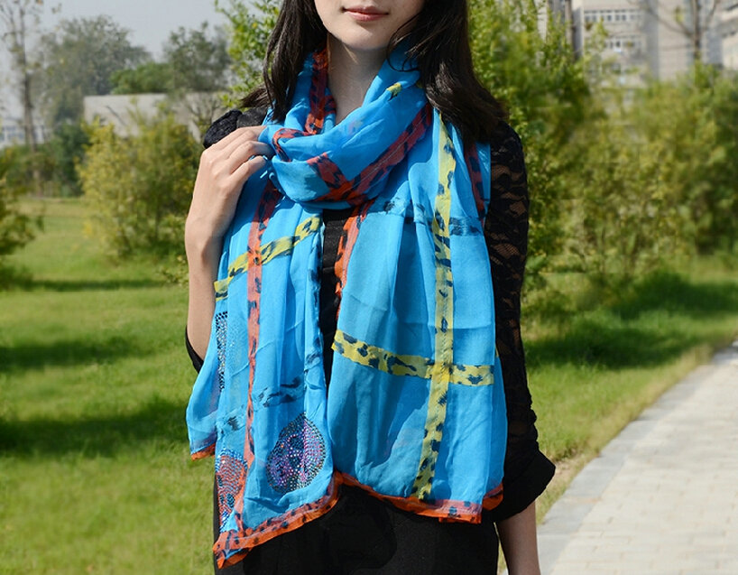Cool Crystal Skull Women Scarf Shawls Winter Warm Polyester Scarves 196*72CM - Blue