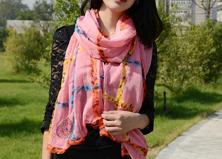 Cool Crystal Skull Women Scarf Shawls Winter Warm Polyester Scarves 196*72CM - Pink