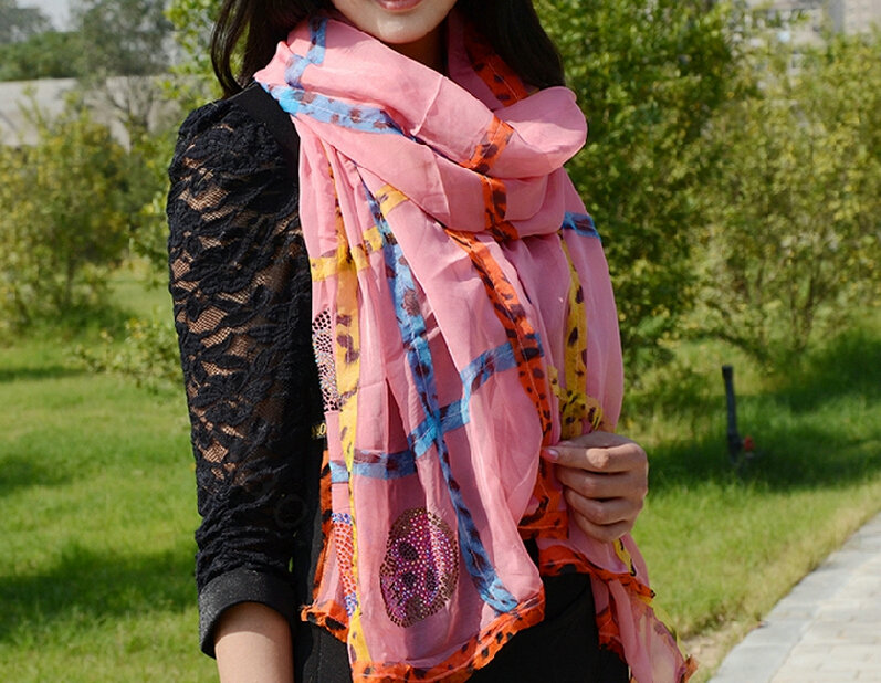 Cool Crystal Skull Women Scarf Shawls Winter Warm Polyester Scarves 196*72CM - Pink