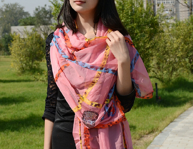 Cool Crystal Skull Women Scarf Shawls Winter Warm Polyester Scarves 196*72CM - Pink