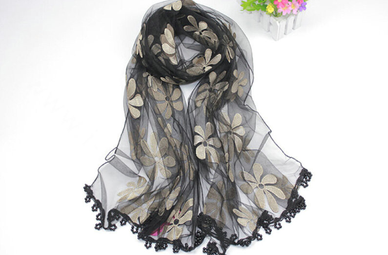 Cool Floral Lace Women Scarf Shawls Winter Warm Polyester Scarves 195*69CM - Black