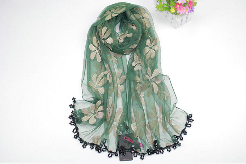 Cool Floral Lace Women Scarf Shawls Winter Warm Polyester Scarves 195*69CM - Green