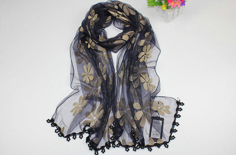 Cool Floral Lace Women Scarf Shawls Winter Warm Polyester Scarves 195*69CM - Navy