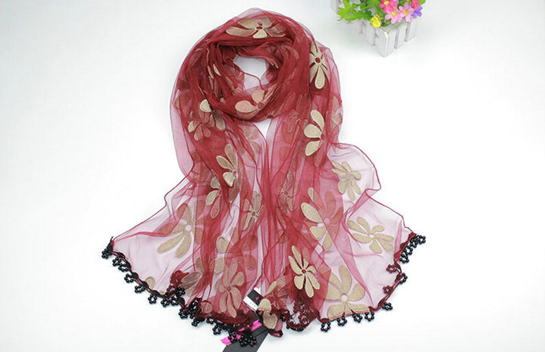 Cool Floral Lace Women Scarf Shawls Winter Warm Polyester Scarves 195*69CM - Red