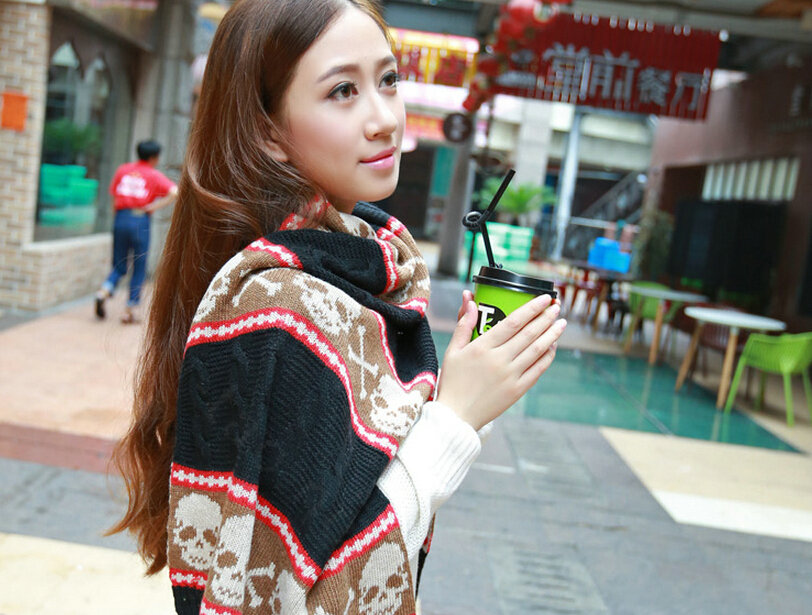 Cool Skull Scarves Wrap Women Winter Warm Cashmere Panties 205*62CM - Black