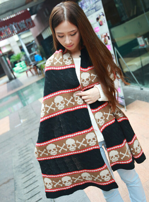 Cool Skull Scarves Wrap Women Winter Warm Cashmere Panties 205*62CM - Black