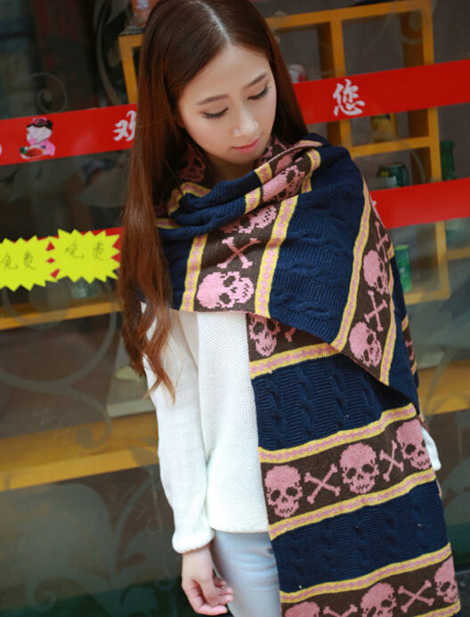Cool Skull Scarves Wrap Women Winter Warm Cashmere Panties 205*62CM - Navy