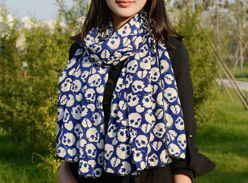 Cool Skull Women Scarf Shawls Winter Warm Polyester Scarves 170*70CM - Blue