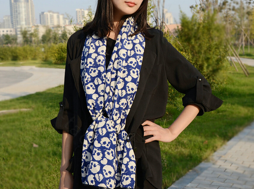 Cool Skull Women Scarf Shawls Winter Warm Polyester Scarves 170*70CM - Blue
