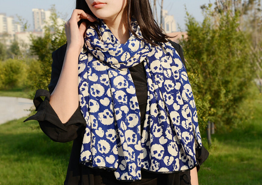 Cool Skull Women Scarf Shawls Winter Warm Polyester Scarves 170*70CM - Blue