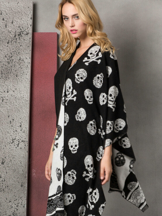 Cute Skull Scarf Shawls Women Winter Warm Silk Panties 180*62CM - Black