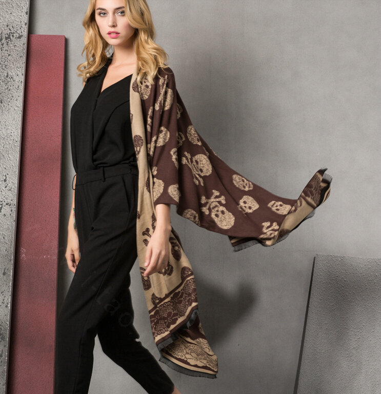 Cute Skull Scarf Shawls Women Winter Warm Silk Panties 180*62CM - Coffee