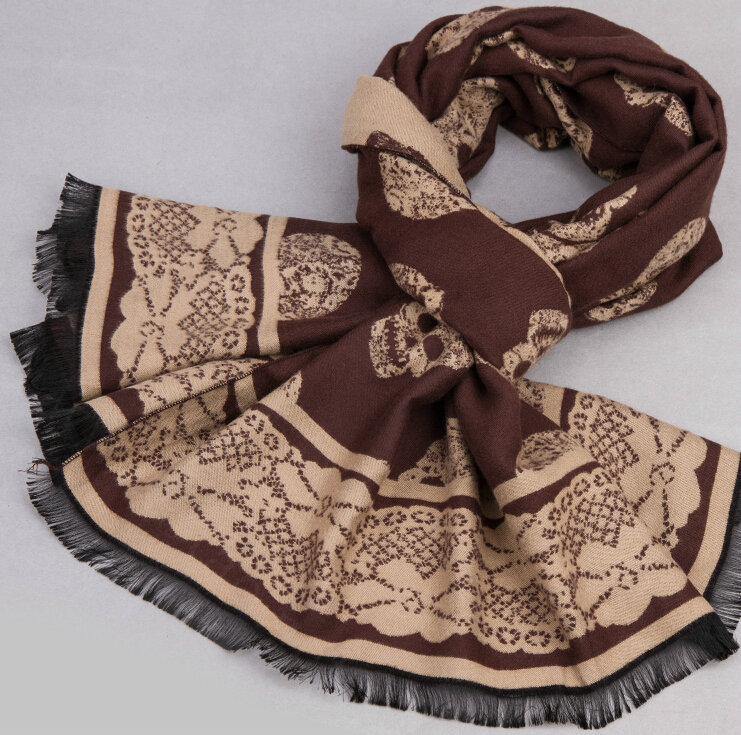 Cute Skull Scarf Shawls Women Winter Warm Silk Panties 180*62CM - Coffee