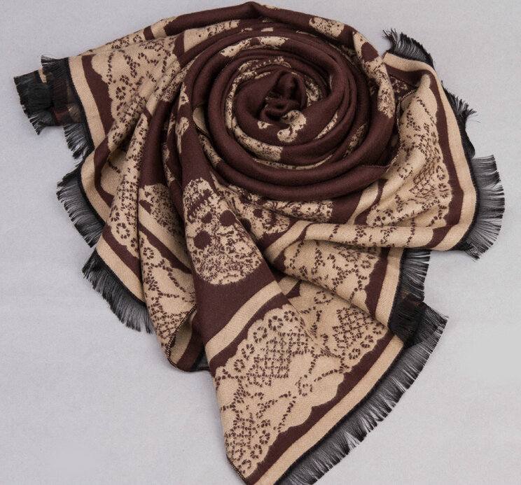Cute Skull Scarf Shawls Women Winter Warm Silk Panties 180*62CM - Coffee