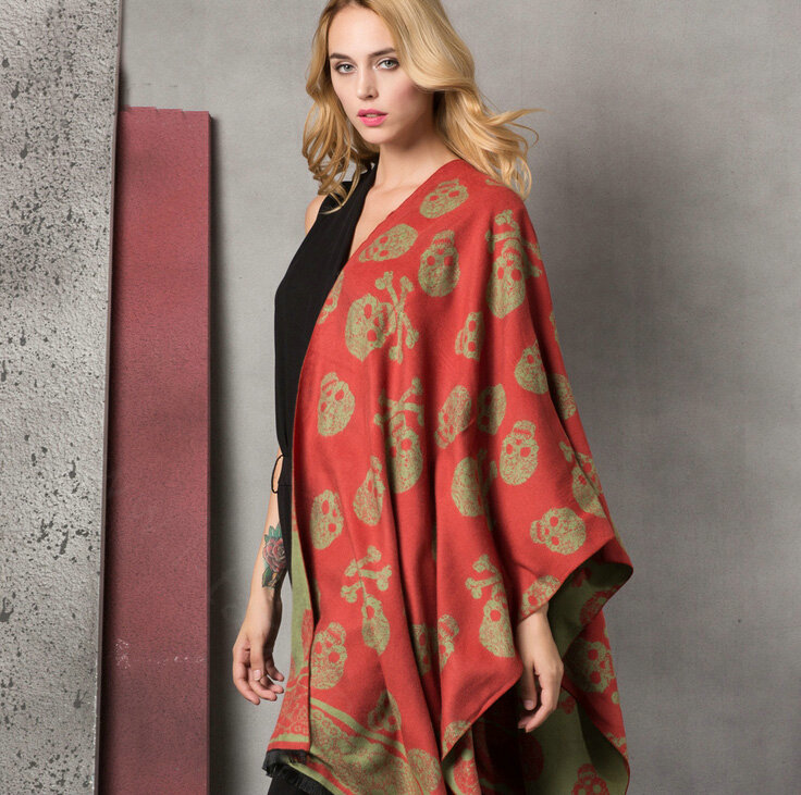 Cute Skull Scarf Shawls Women Winter Warm Silk Panties 180*62CM - Orange