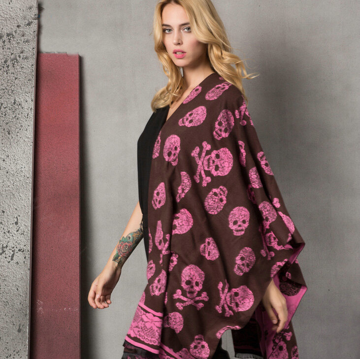 Cute Skull Scarf Shawls Women Winter Warm Silk Panties 180*62CM - Pink