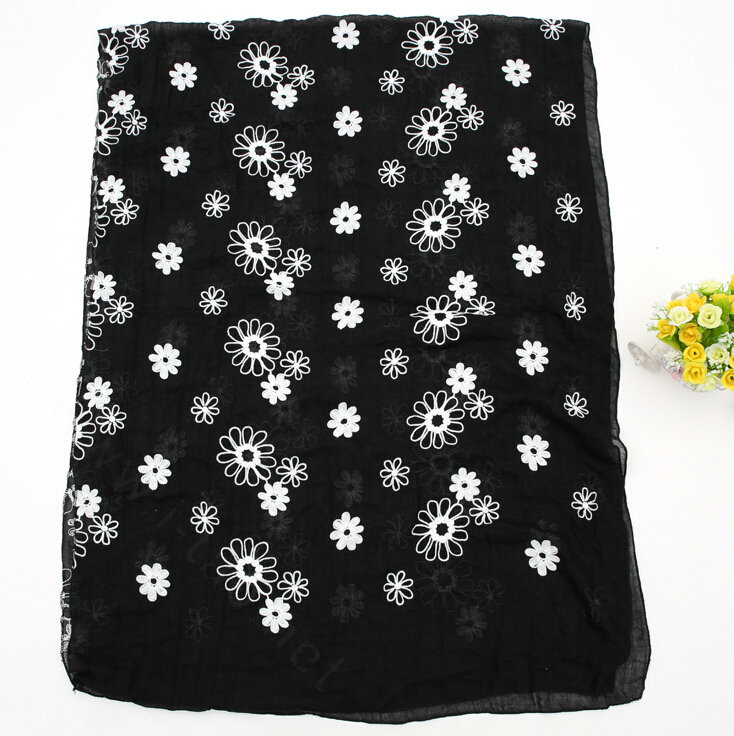 Discount Embroidered Floral Scarves Wrap Women Winter Warm Cotton 200*80CM - Black