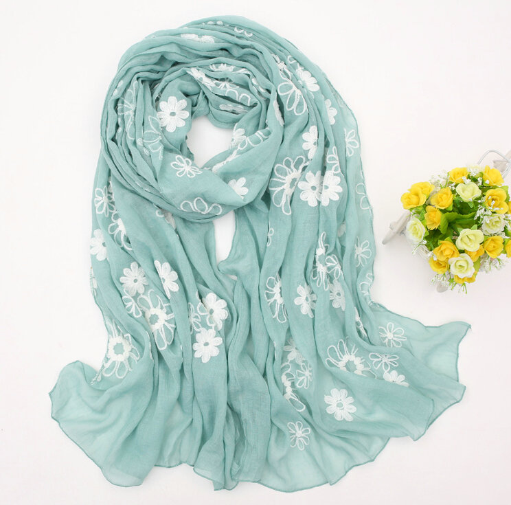 Discount Embroidered Floral Scarves Wrap Women Winter Warm Cotton 200*80CM - Blue