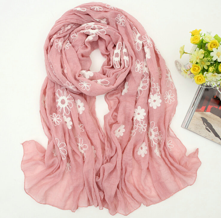 Discount Embroidered Floral Scarves Wrap Women Winter Warm Cotton 200*80CM - Hide Powder